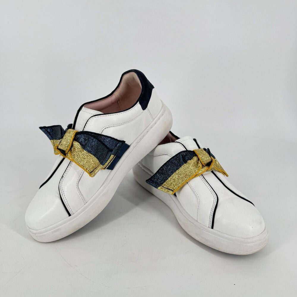 Kate Spade New York Lexi Leather Sneakers White Blue Gold Bow Women 6.5b